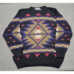 VINTAGE Members Only Sweater Mens XL Black Aztec Tribal Geometric Knit 80s